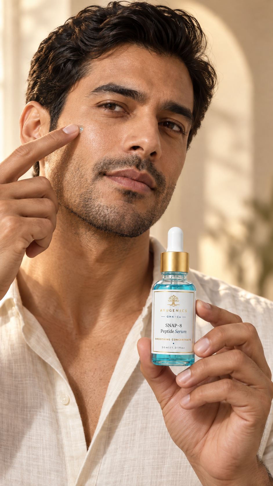 A person holding the SNAP-8 Peptide Serum bottle